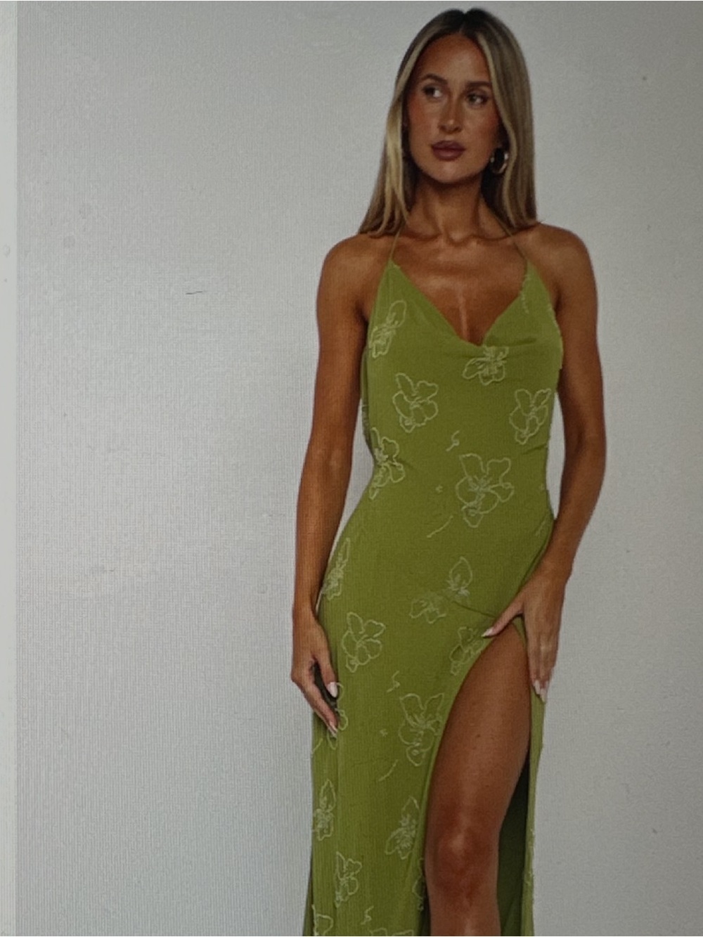 White Fox Green Cowl neck open back dress with slit